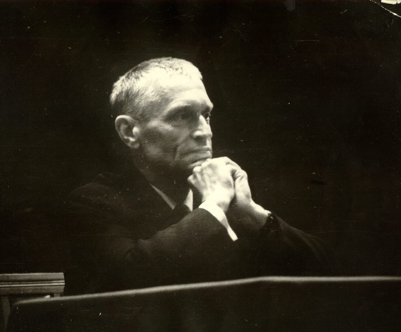 Portrait of Mykola Amosov, hands clasped under his chin