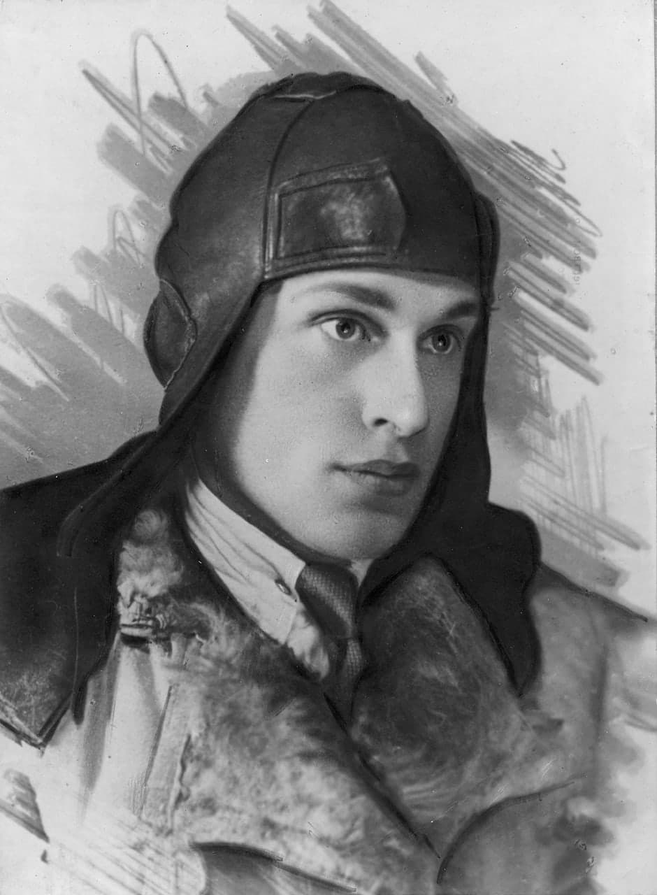Drawn portrait of the young Mykola Amosov in a flying cap